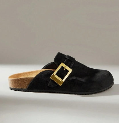 Chaussures femme sabot boucle miss clogs noir et or