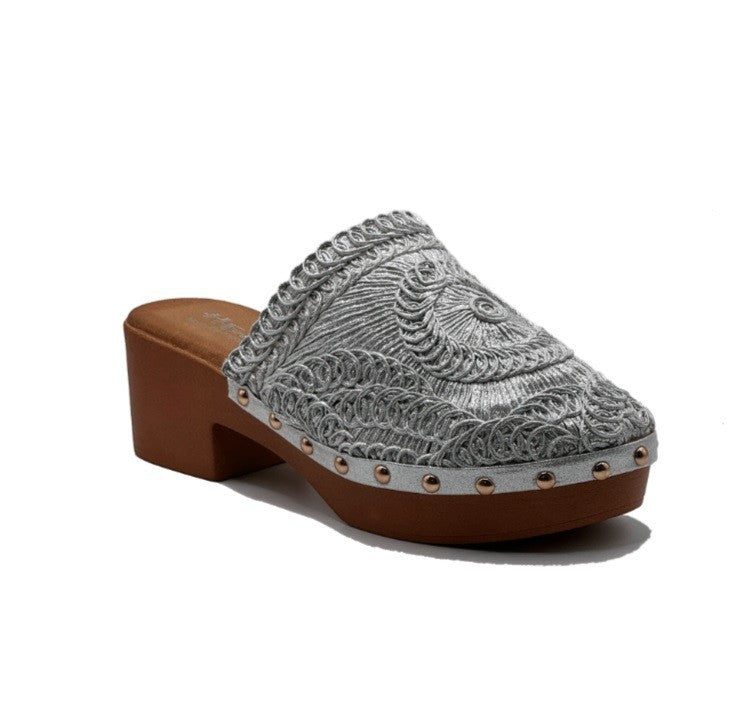 CHAUSSURES FEMME SABOT CROCHET TALON BOIS BRITTANY ARGENT - MissKCY