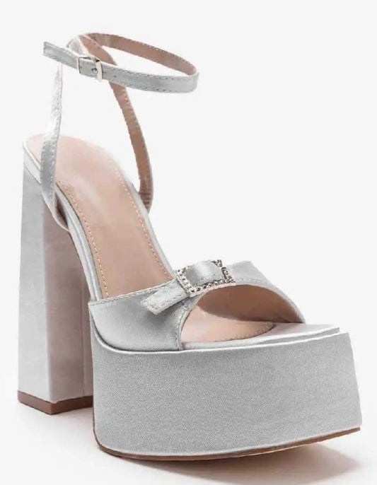 CHAUSSURES FEMME SANDALES SATIN TALONS HAUTS PLATFORM SOIREE MARIAGE MISS PLATINIUM ARGENT