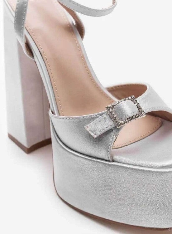 CHAUSSURES FEMME SANDALES SATIN TALONS HAUTS PLATFORM SOIREE MARIAGE MISS PLATINIUM ARGENT