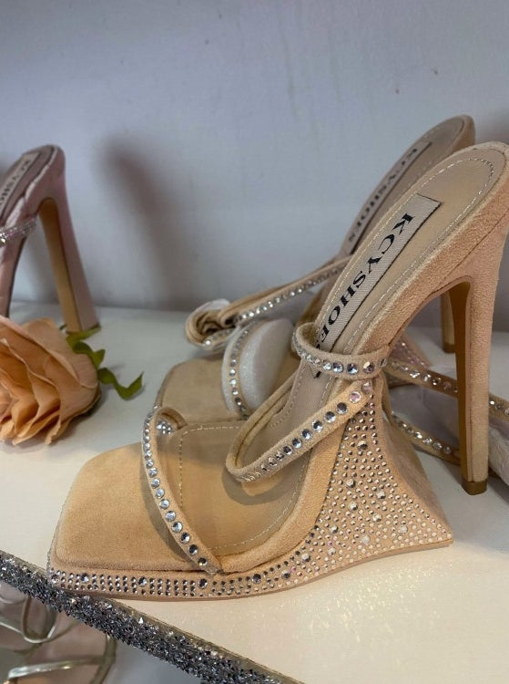 CHAUSSURES FEMME TALON COMPENSSEE BEIGE STRASS PLATFORM LACETS BEIGE NUDE STRASS SOIREE MARIAGE