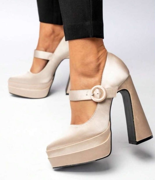 CHAUSSURES FEMME TALON HAUT PLATFORM BRIDE MARY JANE SATIN CREME