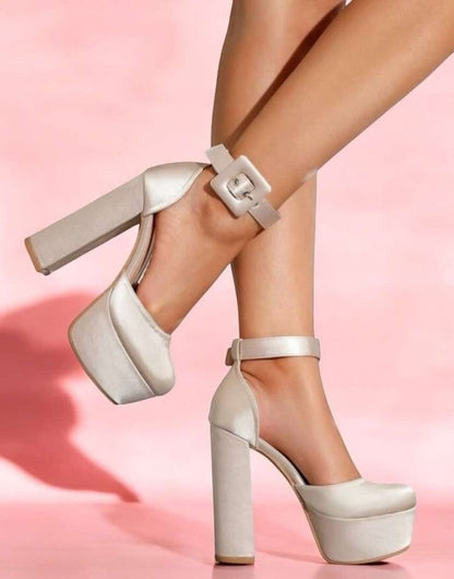 CHAUSSURES FEMME TALON HAUT PLATFORM SATIN NUDE SOIREES MARIAGE MISS SINDY BOUCLE A LA CHEVILLE