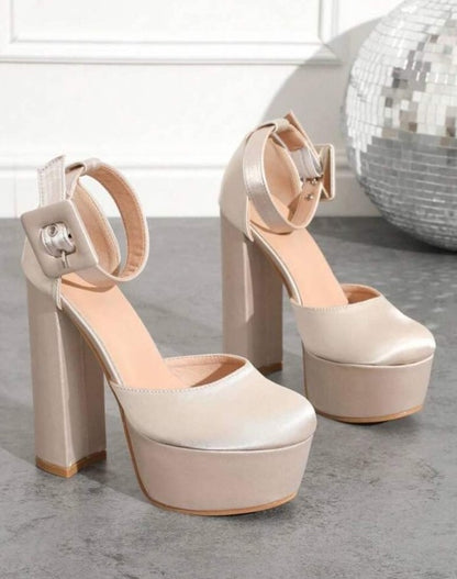CHAUSSURES FEMME TALON HAUT PLATFORM SATIN NUDE SOIREES MARIAGE MISS SINDY BOUCLE A LA CHEVILLE