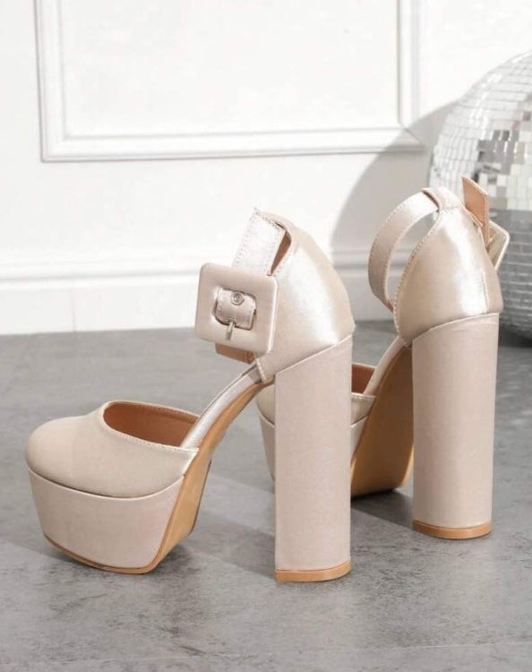 CHAUSSURES FEMME TALON HAUT PLATFORM SATIN NUDE SOIREES MARIAGE MISS SINDY BOUCLE A LA CHEVILLE