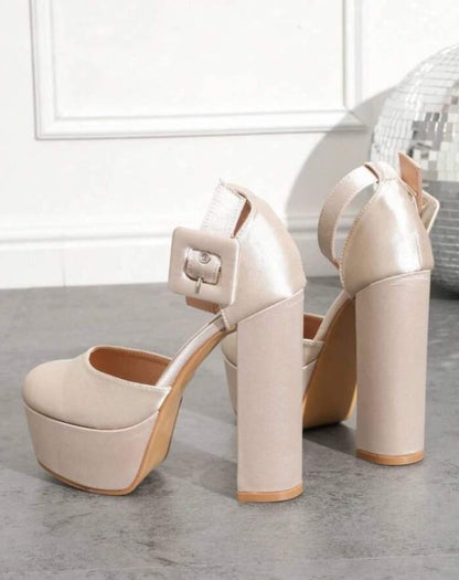 CHAUSSURES FEMME TALON HAUT PLATFORM SATIN NUDE SOIREES MARIAGE MISS SINDY BOUCLE A LA CHEVILLE