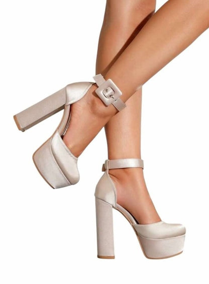 CHAUSSURES FEMME TALON HAUT PLATFORM SATIN NUDE SOIREES MARIAGE MISS SINDY BOUCLE A LA CHEVILLE