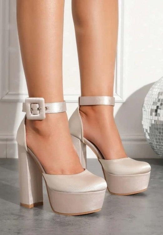 CHAUSSURES FEMME TALON HAUT PLATFORM SATIN NUDE SOIREES MARIAGE MISS SINDY BOUCLE A LA CHEVILLE
