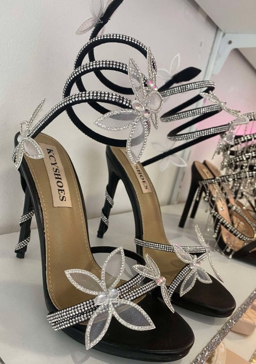 CHAUSSURES FEMME TALON NOIR SOIREE MARIAGE STRASS FLEUR