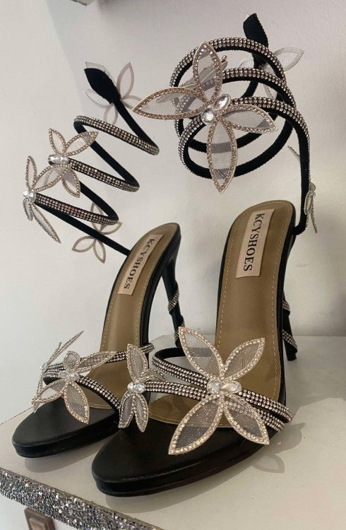 CHAUSSURES FEMME TALON NOIR SOIREE MARIAGE STRASS FLEUR
