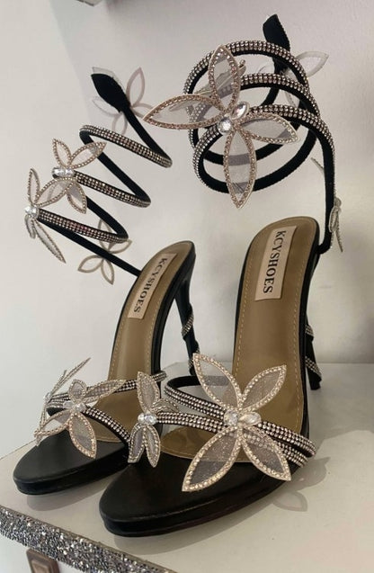 CHAUSSURES FEMME TALON NOIR SOIREE MARIAGE STRASS FLEUR