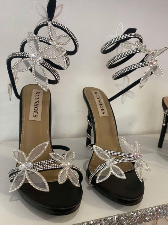 CHAUSSURES FEMME TALON NOIR SOIREE MARIAGE STRASS FLEUR