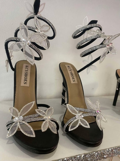 CHAUSSURES FEMME TALON NOIR SOIREE MARIAGE STRASS FLEUR