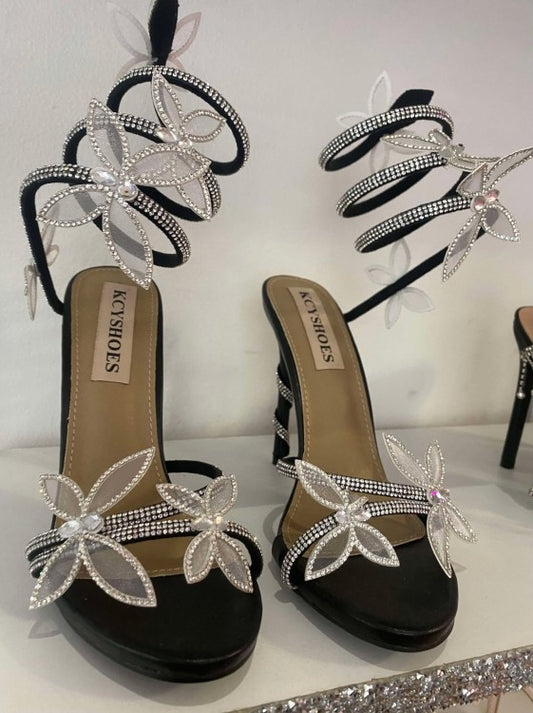 CHAUSSURES FEMME TALON NOIR SOIREE MARIAGE STRASS FLEUR