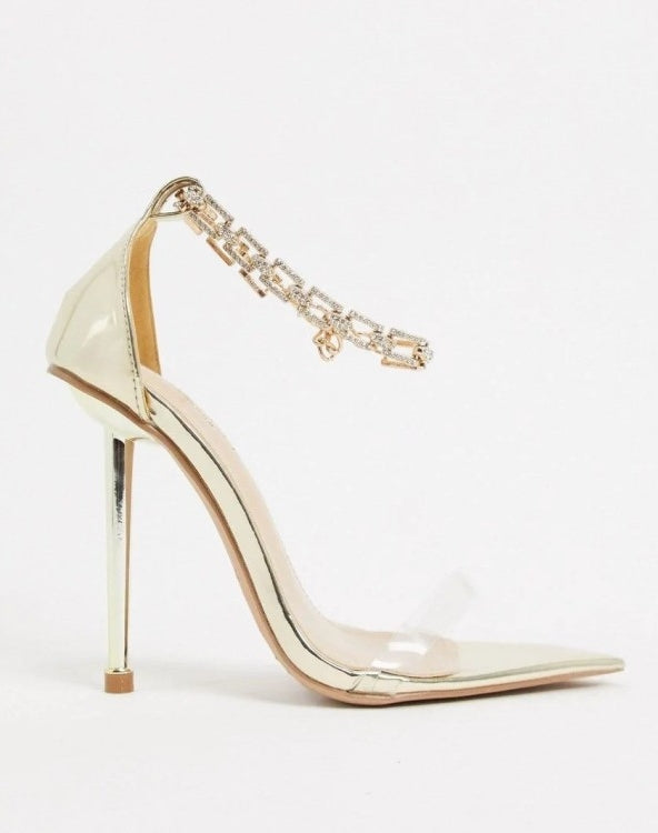 CHAUSSURES FEMME TALON SANDALES PLEXIS CHAINES GOLD OR PROMO