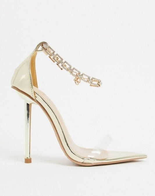 CHAUSSURES FEMME TALON SANDALES PLEXIS CHAINES GOLD OR PROMO