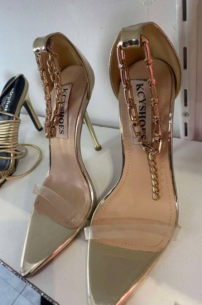 CHAUSSURES FEMME TALON SANDALES PLEXIS CHAINES GOLD OR PROMO