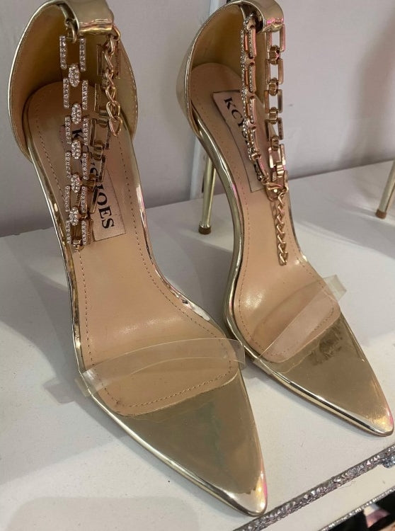 CHAUSSURES FEMME TALON SANDALES PLEXIS CHAINES GOLD OR PROMO