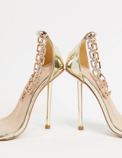 CHAUSSURES FEMME TALON SANDALES PLEXIS CHAINES GOLD OR PROMO