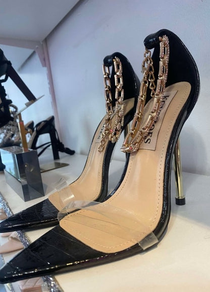 CHAUSSURES FEMME TALON SANDALES PLEXIS CHAINES NOIR PROMO