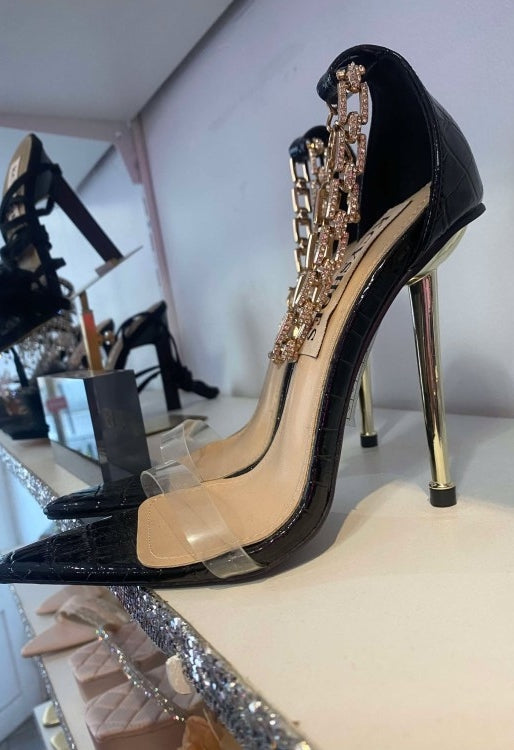 CHAUSSURES FEMME TALON SANDALES PLEXIS CHAINES NOIR PROMO