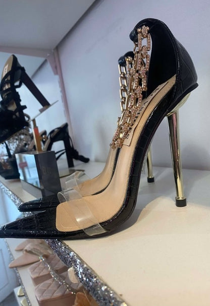 CHAUSSURES FEMME TALON SANDALES PLEXIS CHAINES NOIR PROMO