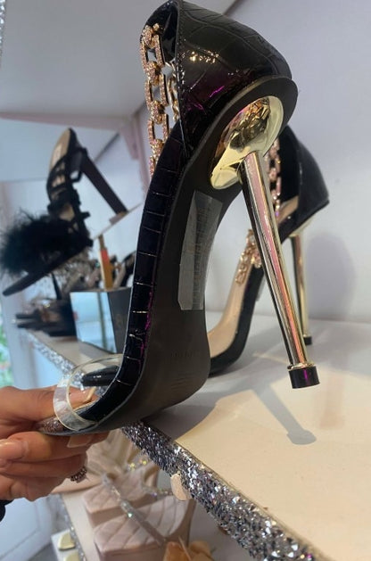 CHAUSSURES FEMME TALON SANDALES PLEXIS CHAINES NOIR PROMO