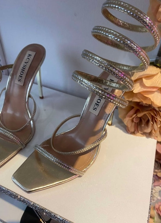 CHAUSSURES FEMME TALON SANDALES SERPENTI STRASS GOLD OR PROMO