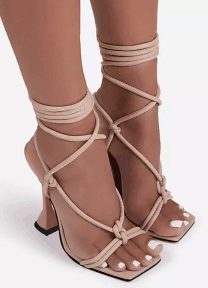 CHAUSSURES FEMME TALON SOIREE SANDALES A LACETS TALON NUDE