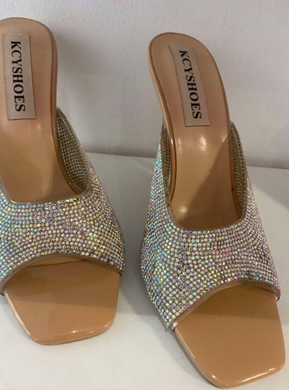 CHAUSSURES FEMMES MULES STRASS NUDE BEIGE PLEXIS STRASS SOIREE MARIAGE PROMO