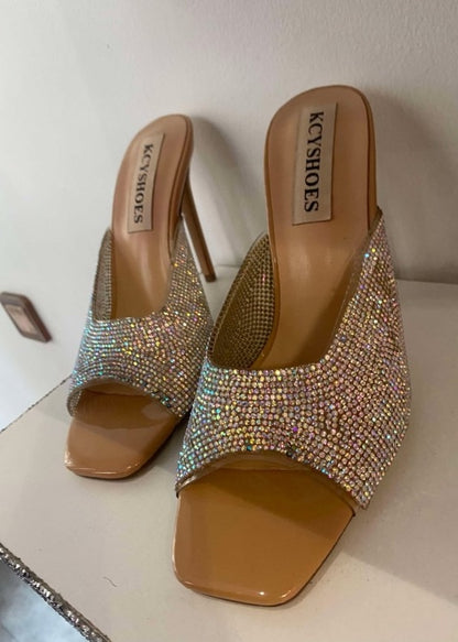 CHAUSSURES FEMMES MULES STRASS NUDE BEIGE PLEXIS STRASS SOIREE MARIAGE PROMO