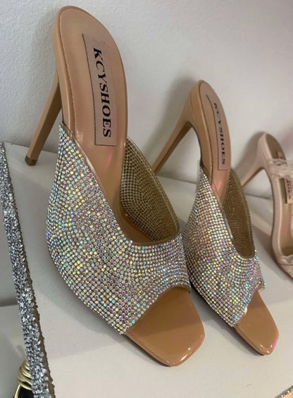 CHAUSSURES FEMMES MULES STRASS NUDE BEIGE PLEXIS STRASS SOIREE MARIAGE PROMO