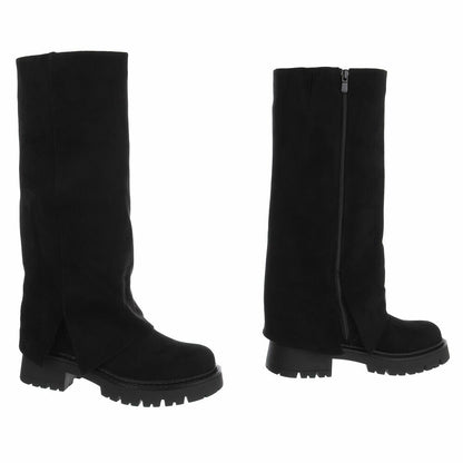 BOTTES HAUTES NOIRES ASPECT DAIM – EFFET GUÊTRE & SEMELLE CRANTÉE MISS BRIDGET