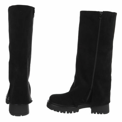 BOTTES HAUTES NOIRES ASPECT DAIM – EFFET GUÊTRE & SEMELLE CRANTÉE MISS BRIDGET
