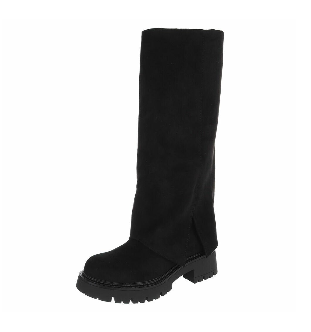 BOTTES HAUTES NOIRES ASPECT DAIM – EFFET GUÊTRE & SEMELLE CRANTÉE MISS BRIDGET
