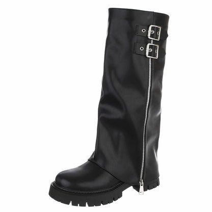 BOTTES HAUTES NOIRES ASPECT CUIR – EFFET GUÊTRE, BOUCLES & ZIP ARGENTÉS MISS BRIDGET