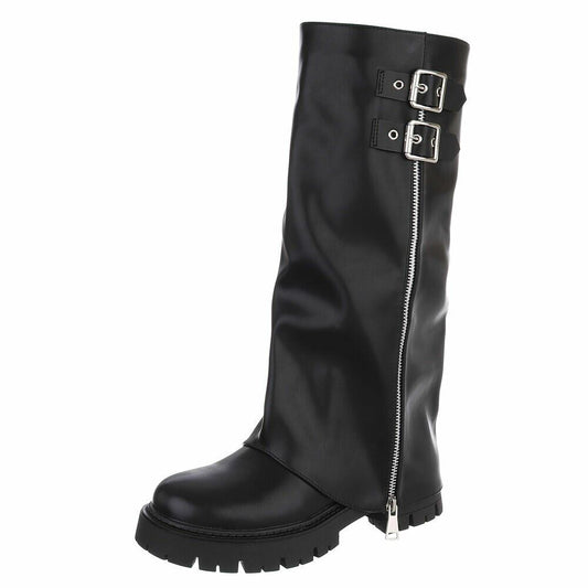 BOTTES HAUTES NOIRES ASPECT CUIR – EFFET GUÊTRE, BOUCLES & ZIP ARGENTÉS MISS BRIDGET