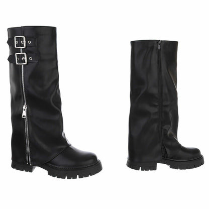 BOTTES HAUTES NOIRES ASPECT CUIR – EFFET GUÊTRE, BOUCLES & ZIP ARGENTÉS MISS BRIDGET
