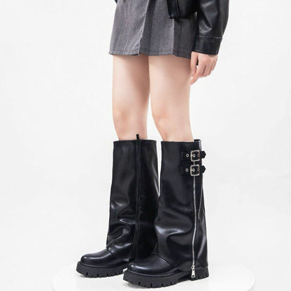 BOTTES HAUTES NOIRES ASPECT CUIR – EFFET GUÊTRE, BOUCLES & ZIP ARGENTÉS MISS BRIDGET