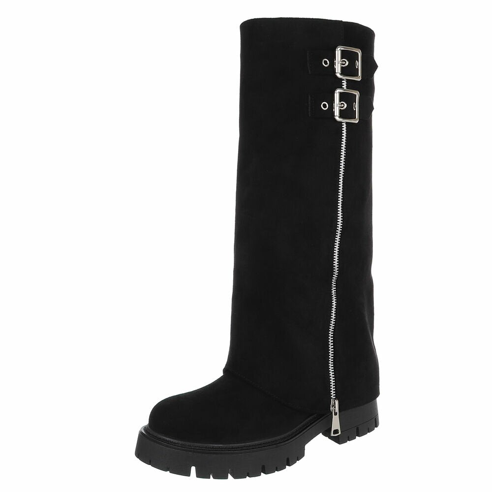 BOTTES HAUTES NOIRES ASPECT DAIM – EFFET GUÊTRE, BOUCLES & ZIP ARGENTÉS MISS VERONICA