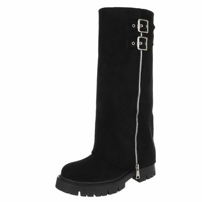 BOTTES HAUTES NOIRES ASPECT DAIM – EFFET GUÊTRE, BOUCLES & ZIP ARGENTÉS MISS VERONICA
