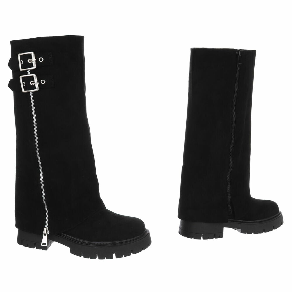 BOTTES HAUTES NOIRES ASPECT DAIM – EFFET GUÊTRE, BOUCLES & ZIP ARGENTÉS MISS VERONICA