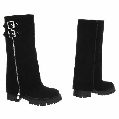 BOTTES HAUTES NOIRES ASPECT DAIM – EFFET GUÊTRE, BOUCLES & ZIP ARGENTÉS MISS VERONICA
