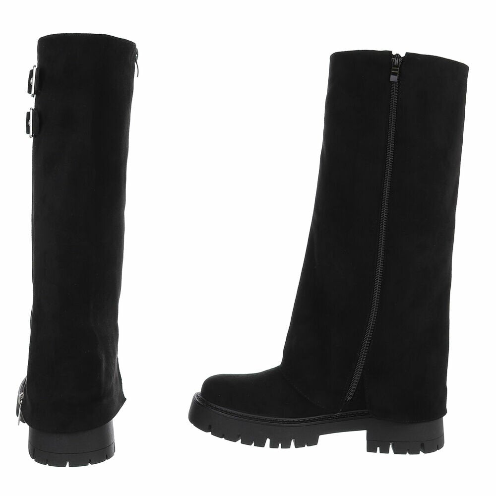 BOTTES HAUTES NOIRES ASPECT DAIM – EFFET GUÊTRE, BOUCLES & ZIP ARGENTÉS MISS VERONICA
