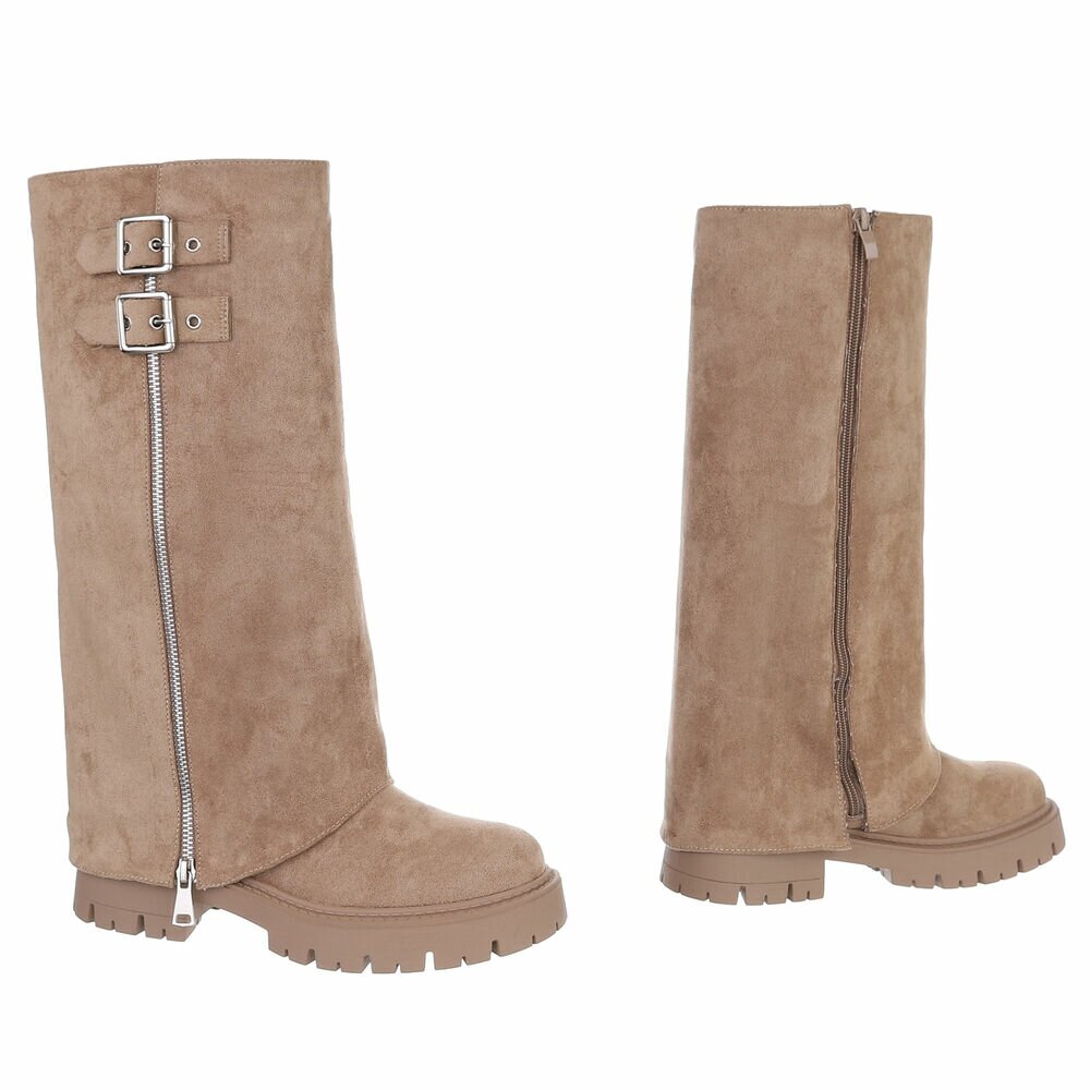 BOTTES HAUTES BEIGE ASPECT DAIM – EFFET GUÊTRE, BOUCLES & ZIP ARGENTÉS MISS VERONICA