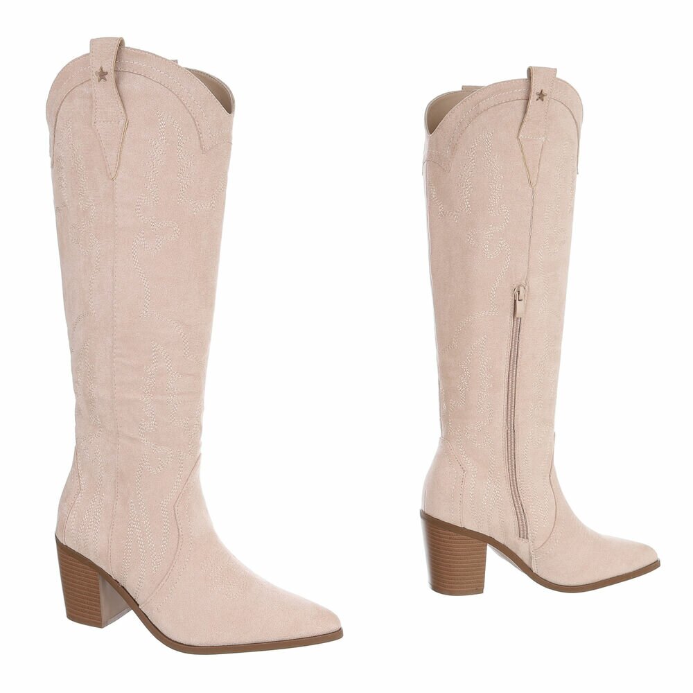 BOTTES WESTERN HAUTES NUDE ASPECT DAIM – SURPIQÛRES BRODÉES & TALON BOIS