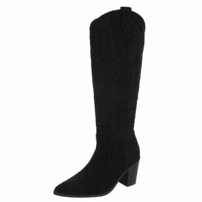 BOTTES WESTERN HAUTES NOIRES ASPECT DAIM – SURPIQÛRES BRODÉES & BOUT POINTU MISS ASHER