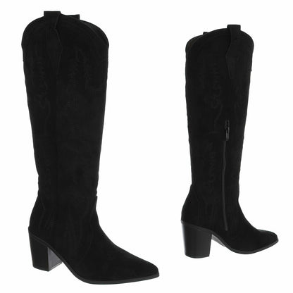 BOTTES WESTERN HAUTES NOIRES ASPECT DAIM – SURPIQÛRES BRODÉES & BOUT POINTU MISS ASHER