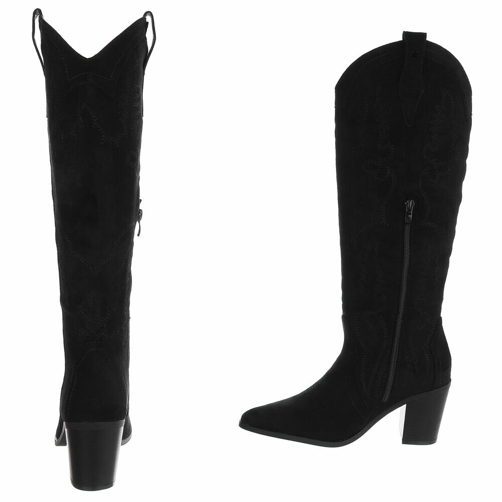 BOTTES WESTERN HAUTES NOIRES ASPECT DAIM – SURPIQÛRES BRODÉES & BOUT POINTU MISS ASHER