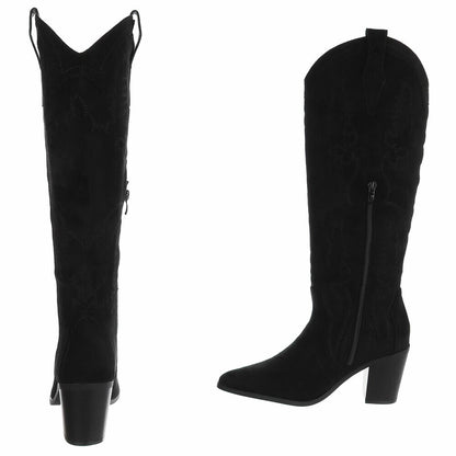 BOTTES WESTERN HAUTES NOIRES ASPECT DAIM – SURPIQÛRES BRODÉES & BOUT POINTU MISS ASHER